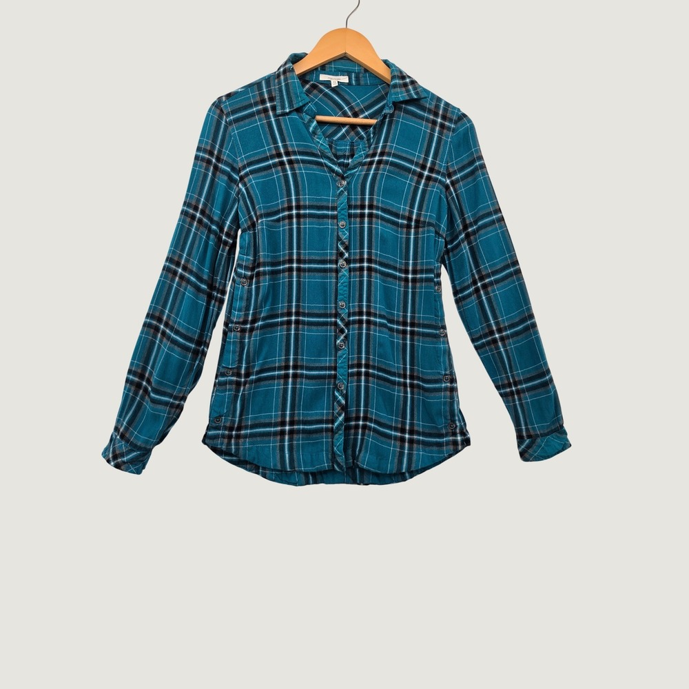 Maurices Teal Blue Black Plaid Button Down Shirt Rayon Long Sleeve Top Womens XS